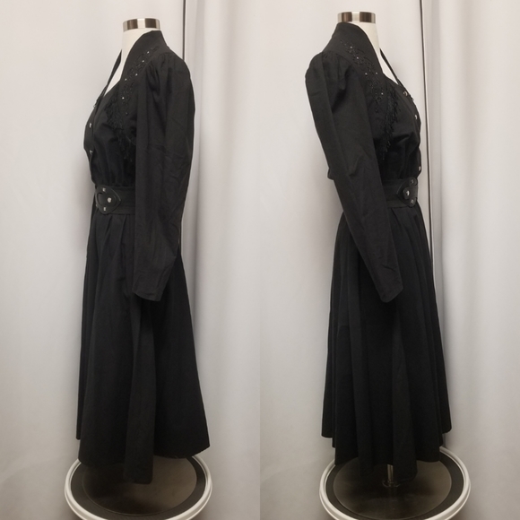 Vintage 80s Boho Western Rodeo Cowgirl Black Cotton Dancing Riding Midi Dress Sm - Picture 2 of 9